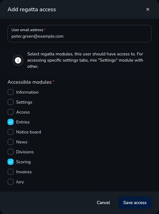 Add regatta access window with the user email address and the list of accessible modules with the Entries and Scoring modules selected