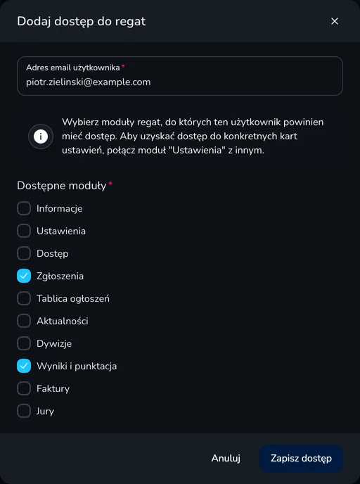 Okno Dodaj dostęp do regat z adresem email użytkownika i listą dostępnych modułów z zaznaczonymi modułami Zgłoszenia oraz Wyniki i punktacja