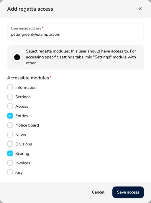 Add regatta access window with the user email address and the list of accessible modules with the Entries and Scoring modules selected