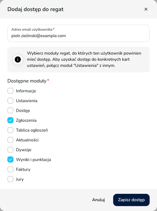 Okno Dodaj dostęp do regat z adresem email użytkownika i listą dostępnych modułów z zaznaczonymi modułami Zgłoszenia oraz Wyniki i punktacja