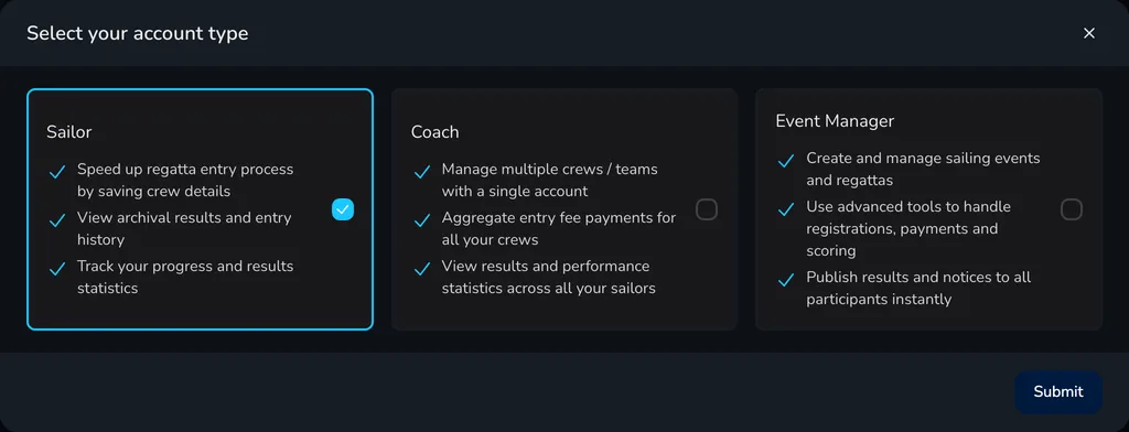The account type window with the Sailor, Coach and Event Manager cards and the Submit button