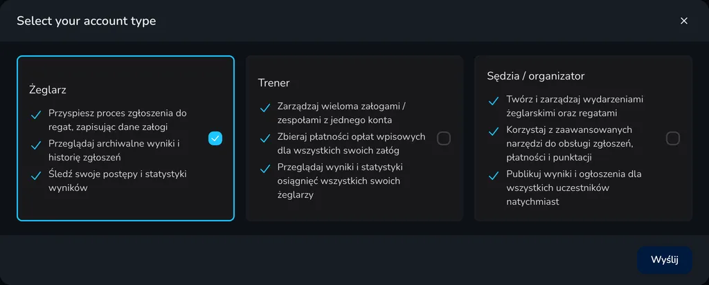 Okno wyboru typu konta z kartami Żeglarz, Trener i Sędzia / organizator oraz przyciskiem Wyślij