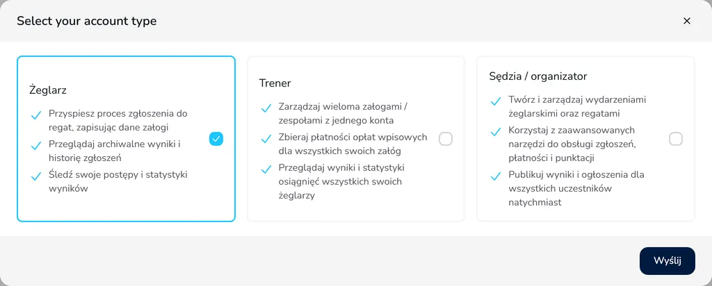 Okno wyboru typu konta z kartami Żeglarz, Trener i Sędzia / organizator oraz przyciskiem Wyślij