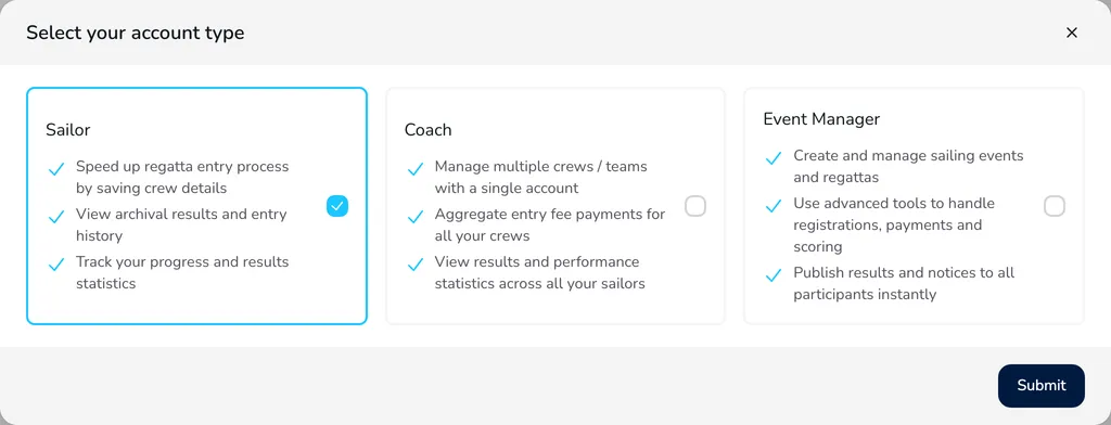 The account type window with the Sailor, Coach and Event Manager cards and the Submit button