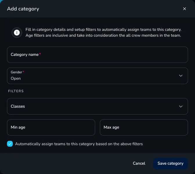 Add category window with the name, gender, class and age filters and the automatic team assignment option