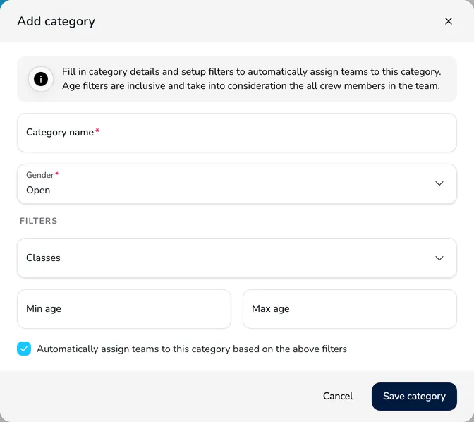 Add category window with the name, gender, class and age filters and the automatic team assignment option
