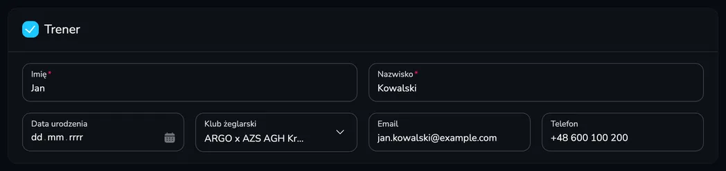 Karta Trener w formularzu załogi automatycznie uzupełniona danymi trenera