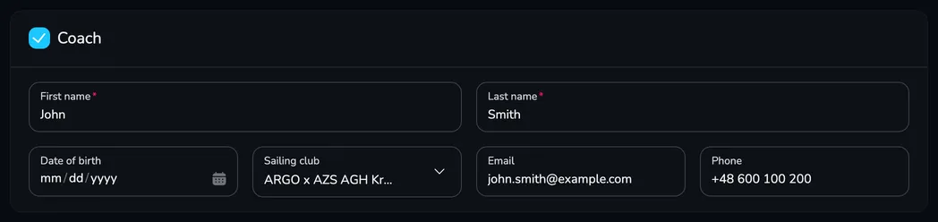 The Coach card in the crew form filled in automatically with the coach's details