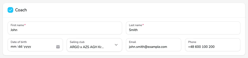 The Coach card in the crew form filled in automatically with the coach's details