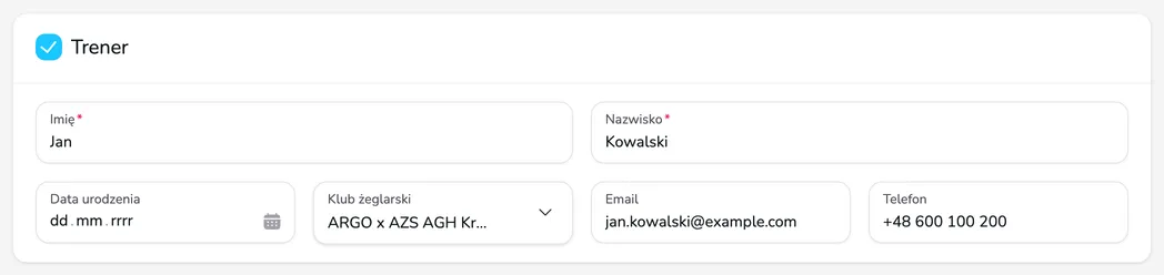 Karta Trener w formularzu załogi automatycznie uzupełniona danymi trenera
