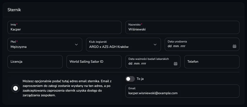 Karta Sternik z danymi zawodnika i jego adresem e-mail, na który zostanie wysłane zaproszenie