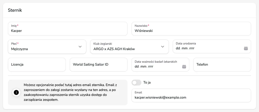 Karta Sternik z danymi zawodnika i jego adresem e-mail, na który zostanie wysłane zaproszenie