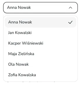 Rozwinięta lista załóg w sekcji Załogi menu z imionami i nazwiskami zawodników