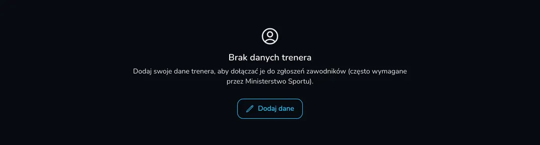 Komunikat Brak danych trenera z przyciskiem Dodaj dane