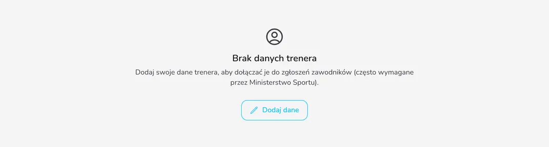 Komunikat Brak danych trenera z przyciskiem Dodaj dane