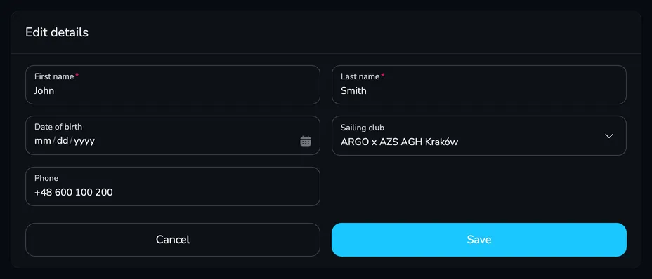 The Edit details form with the First name, Last name, Date of birth, Sailing club and Phone fields and the Cancel and Save buttons