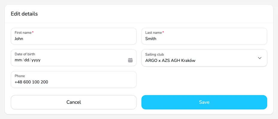 The Edit details form with the First name, Last name, Date of birth, Sailing club and Phone fields and the Cancel and Save buttons