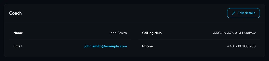 The Coach card with the name, club, e-mail address and phone and the Edit details button