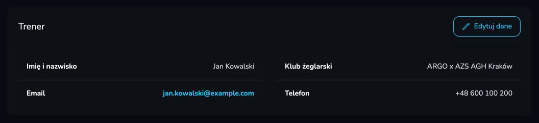 Karta Trener z imieniem i nazwiskiem, klubem, adresem e-mail i telefonem oraz przyciskiem Edytuj dane