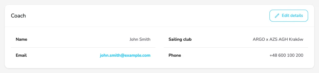 The Coach card with the name, club, e-mail address and phone and the Edit details button