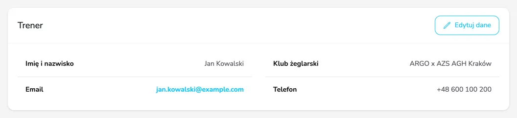 Karta Trener z imieniem i nazwiskiem, klubem, adresem e-mail i telefonem oraz przyciskiem Edytuj dane