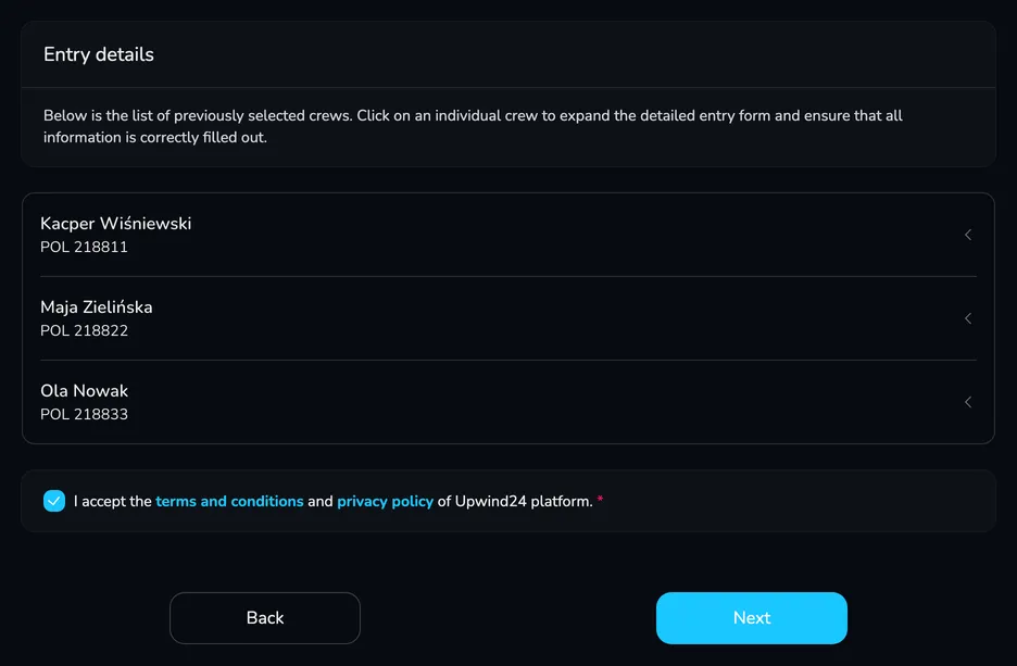 The Entry details step with a list of three collapsed entry forms and the terms accepted