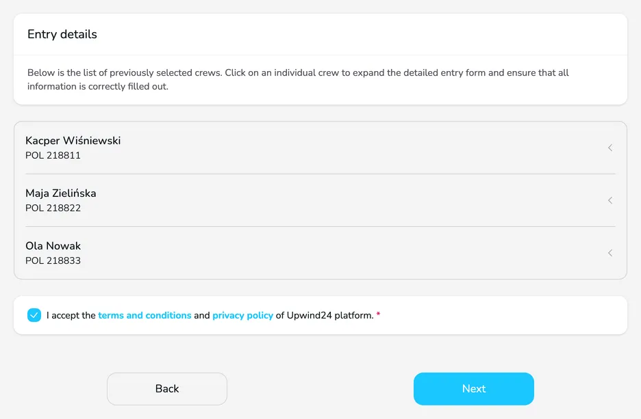 The Entry details step with a list of three collapsed entry forms and the terms accepted