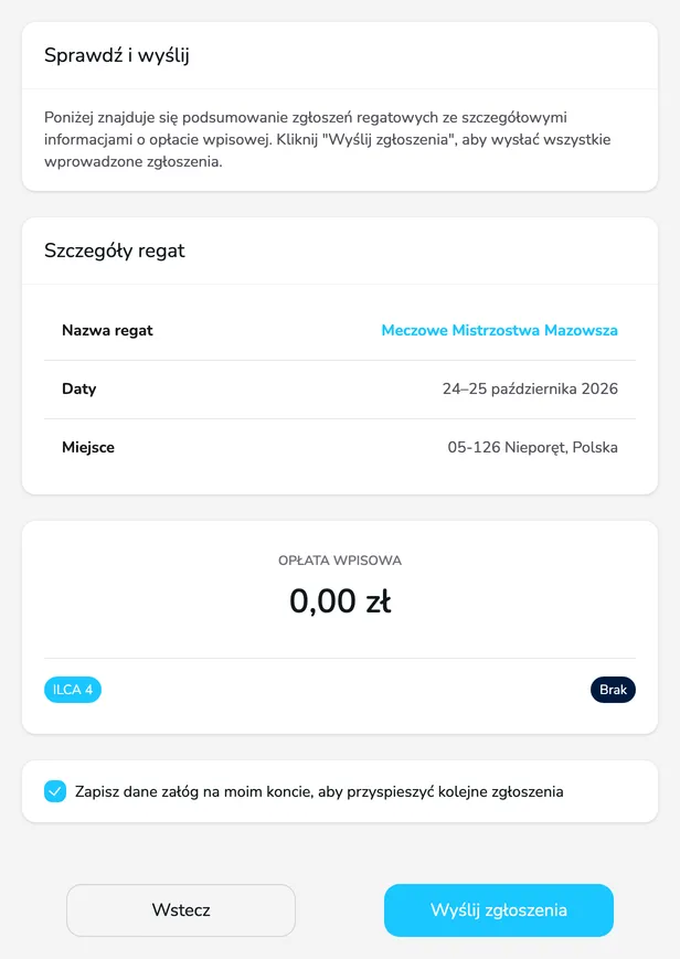Krok Sprawdź i wyślij ze szczegółami regat, opłatą wpisową i przyciskiem Wyślij zgłoszenia