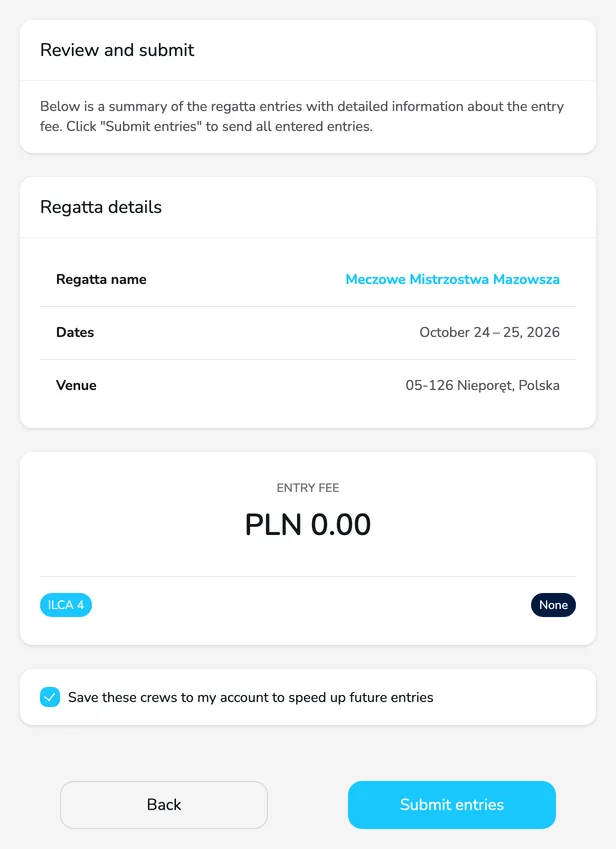 The Review and submit step with the regatta details, the entry fee and the Submit entries button