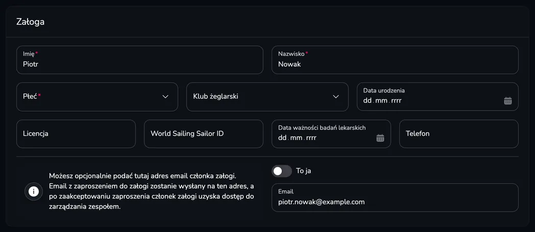 Karta Załoga z danymi członka załogi i adresem e-mail, na który zostanie wysłane zaproszenie