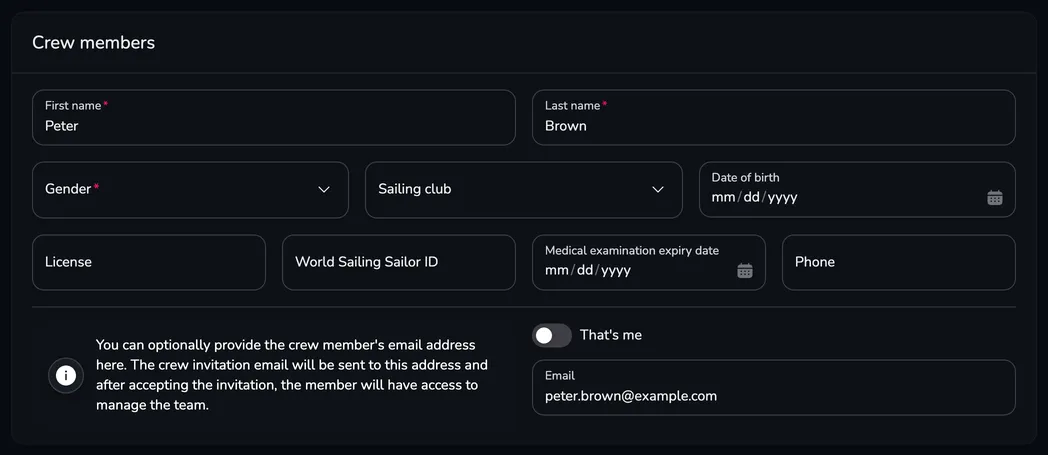 The Crew members card with a crew member's details and the e-mail address the invitation will be sent to