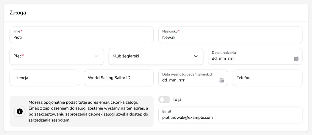Karta Załoga z danymi członka załogi i adresem e-mail, na który zostanie wysłane zaproszenie