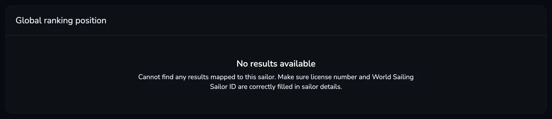 The No results available message asking to check the license number and World Sailing Sailor ID