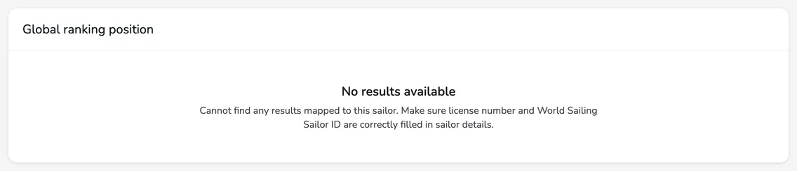 The No results available message asking to check the license number and World Sailing Sailor ID