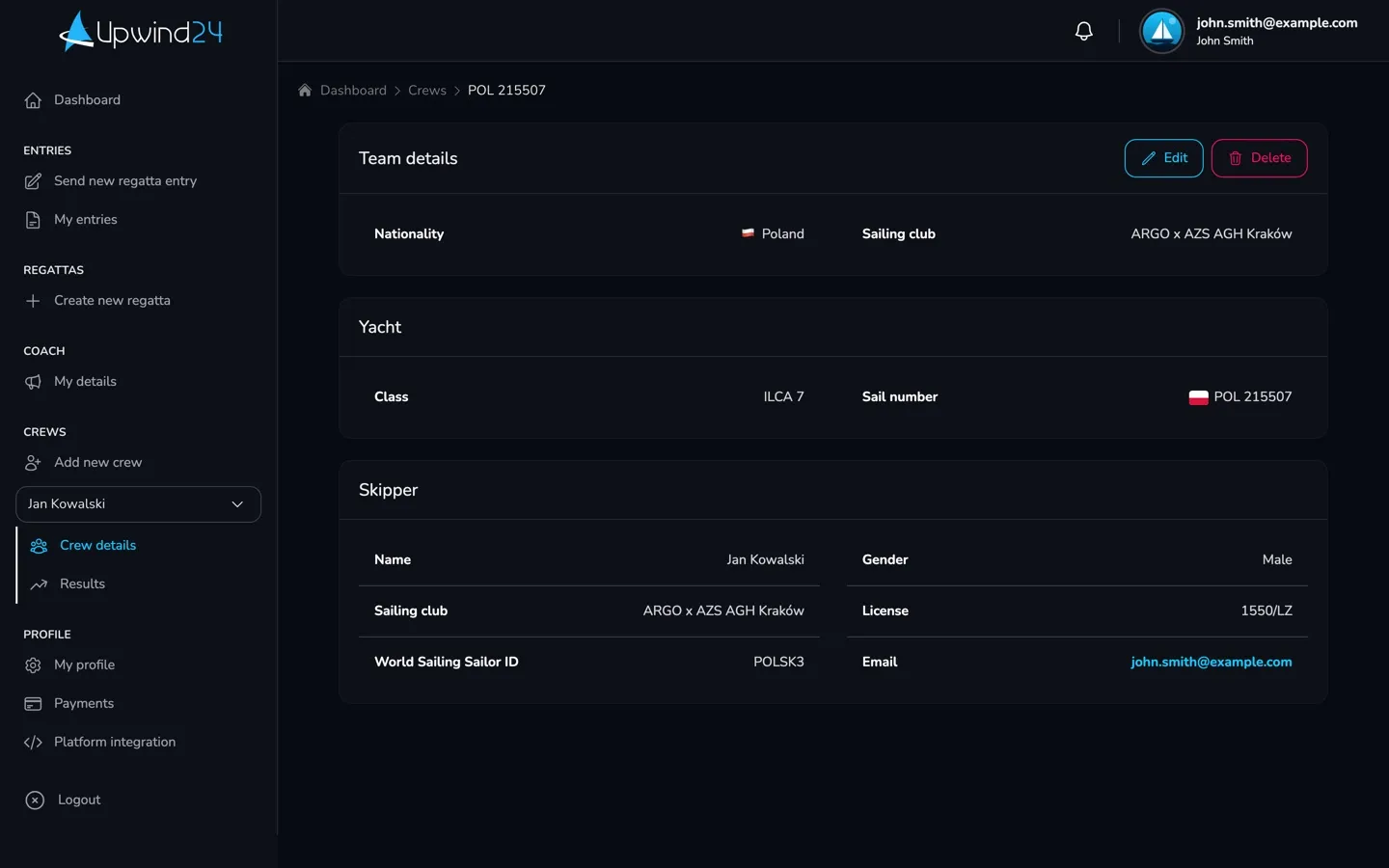 The Crew details page with the Edit and Delete buttons and the selected crew in the Crews section of the menu