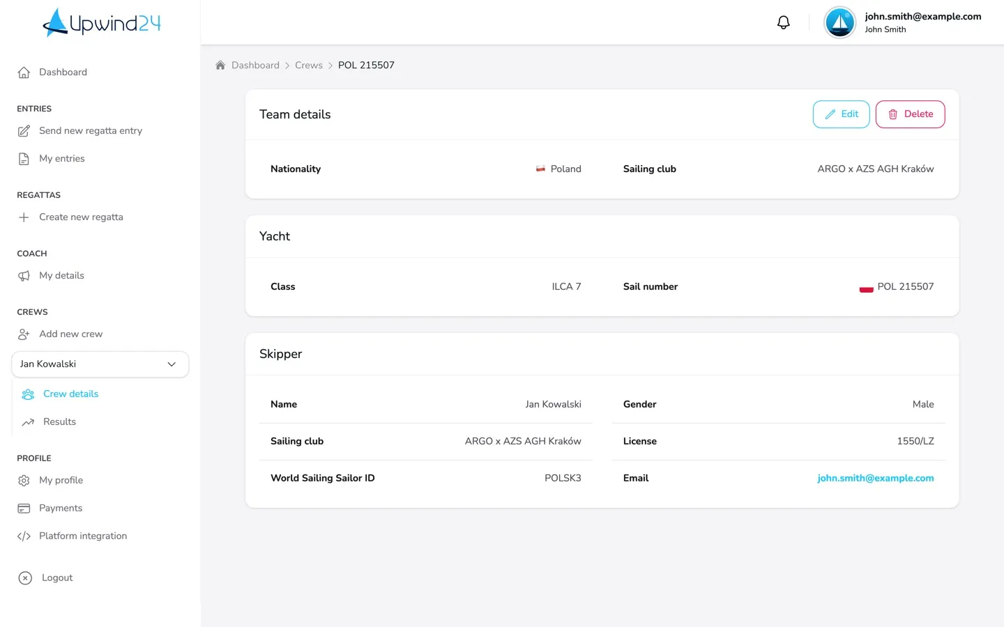 The Crew details page with the Edit and Delete buttons and the selected crew in the Crews section of the menu