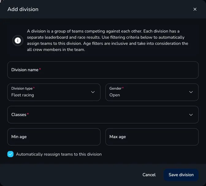 Add division window with the Division name, Division type, Gender, Classes, Min age and Max age fields and the automatic team reassignment option