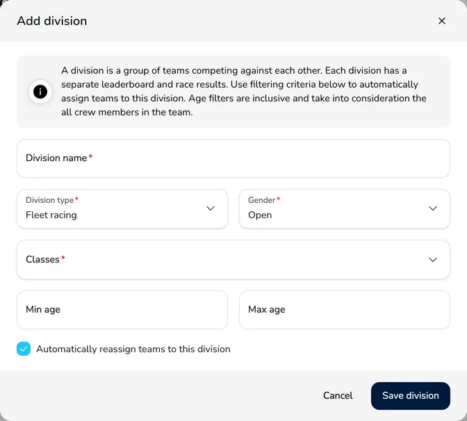 Add division window with the Division name, Division type, Gender, Classes, Min age and Max age fields and the automatic team reassignment option