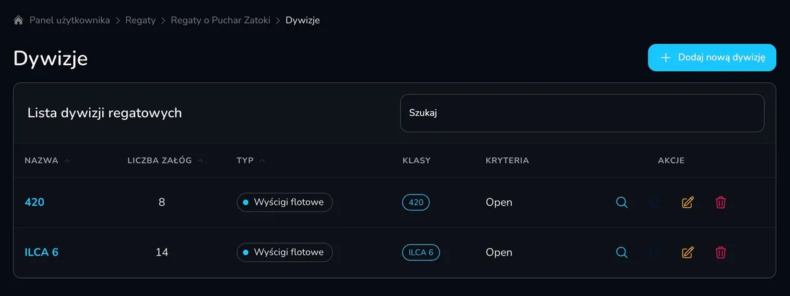 Lista dywizji regatowych z dywizjami 420 i ILCA 6, liczbą załóg, typem, klasami, kryteriami i akcjami