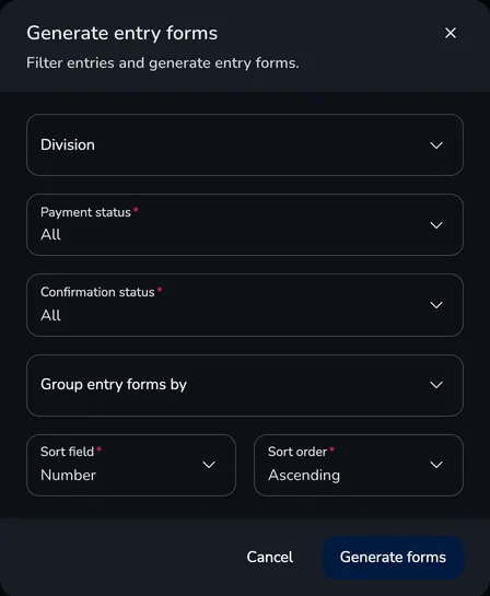 Generate entry forms window with filters, grouping and sorting
