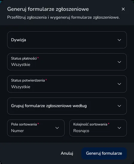 Okno Generuj formularze zgłoszeniowe z filtrami, grupowaniem i sortowaniem