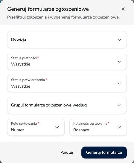 Okno Generuj formularze zgłoszeniowe z filtrami, grupowaniem i sortowaniem