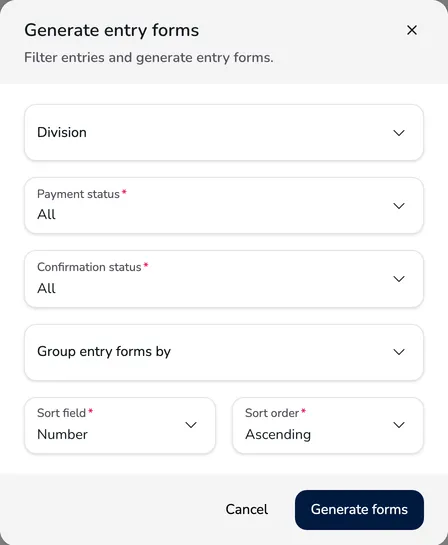 Generate entry forms window with filters, grouping and sorting