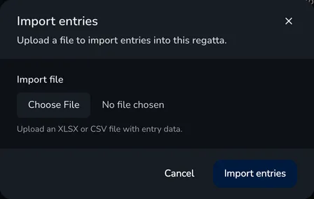 Import entries window with the Import file field and a hint about the XLSX or CSV file
