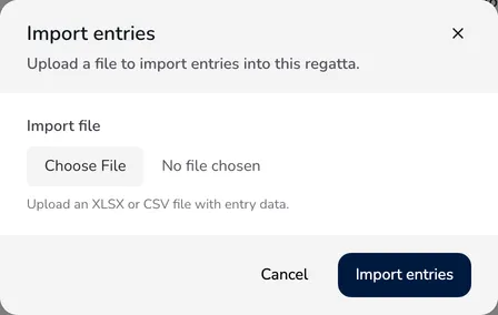 Import entries window with the Import file field and a hint about the XLSX or CSV file
