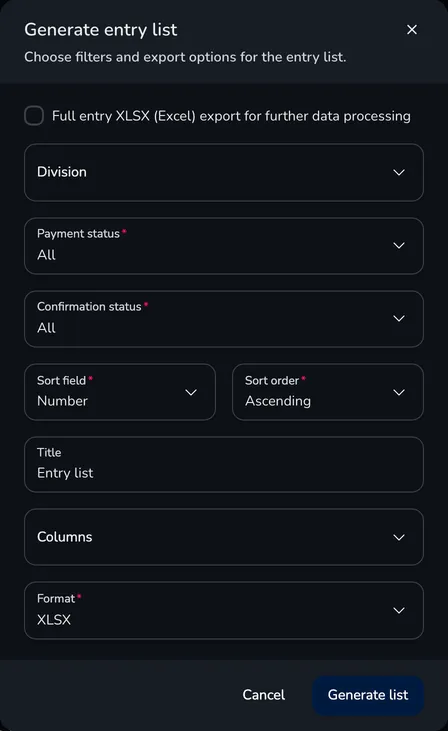 Generate entry list window with the division, payment status and confirmation status filters, sorting, title, columns and format