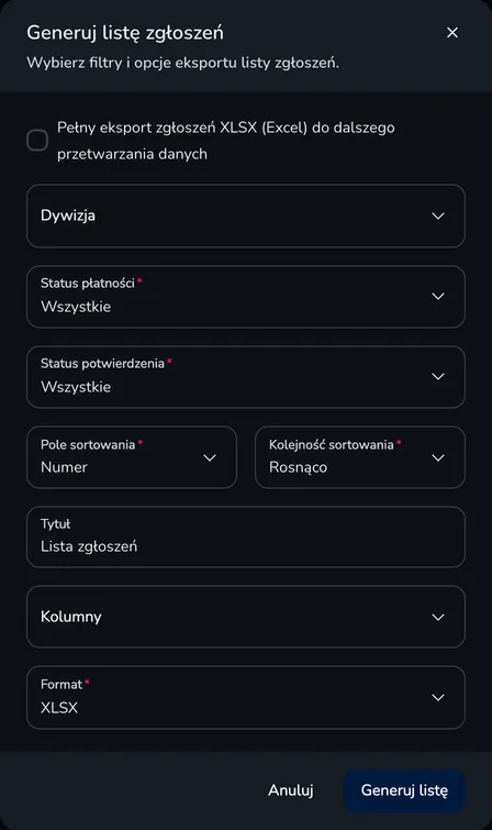 Okno Generuj listę zgłoszeń z filtrami dywizji, statusu płatności i potwierdzenia, sortowaniem, tytułem, kolumnami i formatem