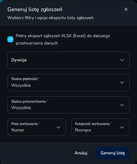 Okno Generuj listę zgłoszeń z zaznaczonym polem Pełny eksport zgłoszeń XLSX