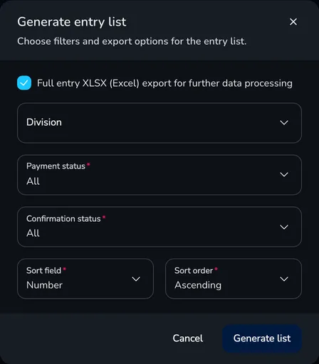 Generate entry list window with the Full entry XLSX export field selected