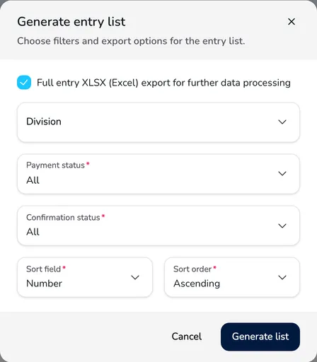Generate entry list window with the Full entry XLSX export field selected